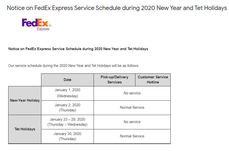 THÔNG BÁO LỊCH NGHỈ TẾT CỦA FEDEX EXPRESS